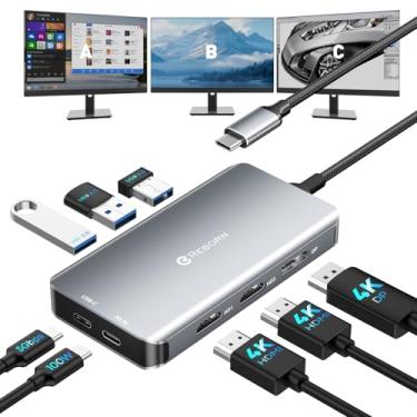 Imagem de Reborn Estação de ancoragem USB-C adaptador para monitor duplo, estação de ancoragem para laptop, 3 monitores, hub USBC, dongle para 4K60Hz HDMI + DP, 3 USB 3.0, 100W PD, dados USB C, base 8 em 1 para