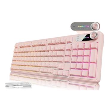 Imagem de EWEADN V102 Wired Keyboard, 98 Keys Creamy Gaming Keyboard with Number Pad, Display Screen & Media Knob RGB Silent Wired Cute Computer Keyboard for Laptop PC Gamer - Light Pink