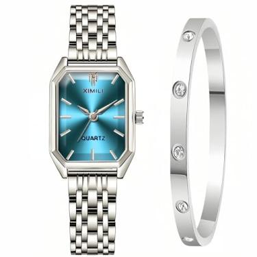 Imagem de Kchss Relógios femininos de pulso, pulseira de aço, relógio feminino casual, Af. Azul prateado