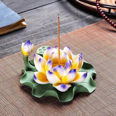 Imagem de Inserção de incenso de lótus feito à mão de cerâmica, novo incenso de sândalo chinês, incenso de base, mesa de trabalho, ornamentos de incenso de lótus (botão de folha de lótus - azul + folhas de