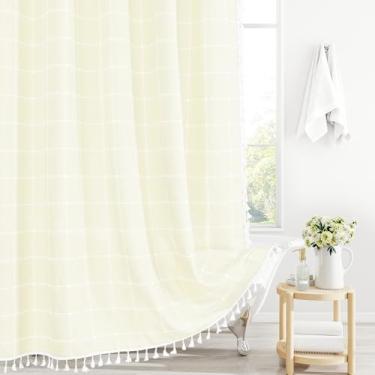 Imagem de Gibelle Cortina de chuveiro Ivory Boho Farmhouse com borlas, rústico cottagecore estética boêmia chique moderna decoração de banheiro tecido texturizado waffle pesado conjunto de cortina de chuveiro