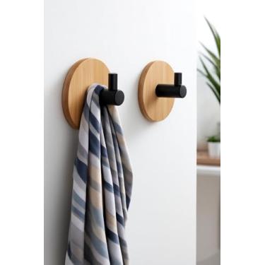 Imagem de Cabide Gancho Adesivo Redondo Bambu e Plástico – Kit 2 Peças 4x5cm Ø, Suporte Autocolante para Parede, Sem Furo, Organizador