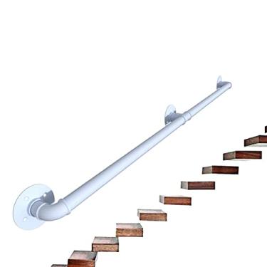 Imagem de Corrimão de escada - kit completo, corrimão de tubo branco industrial de escada com suporte de montagem na parede, casa contra a parede, grades internas e externas para idosos (tamanho: 2,1 m)
