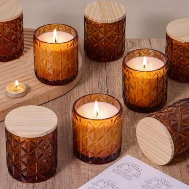 Imagem de Lanttu 10 frascos vazios de vela de vidro âmbar diamante, recipientes de vidro de 200 ml com tampas e etiquetas de madeira, vasos de vela para bricolage, presentes, suprimentos para fazer velas