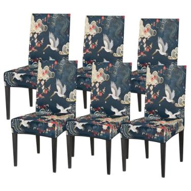 Imagem de Conjunto de 6 capas elásticas para cadeira de sala de jantar, capa protetora de assento étnico, guindaste, flor, japonesa, lavável, para cozinha, casa, hotel, banquete, festa de casamento, cerimônia