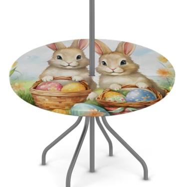 Imagem de hongjinglin Toalha de mesa de Páscoa para uso ao ar livre com orifício para guarda-chuva, toalha de mesa redonda elástica com zíper, impermeável, limpável, para piquenique, festa, pátio, serve para