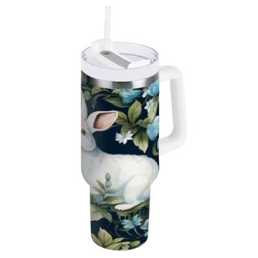 Imagem de ATTX Copo de coelho fofo de Páscoa de 850 g com alça, copo de aço inoxidável a vácuo de parede dupla com palha, caneca de café de viagem isolada #483