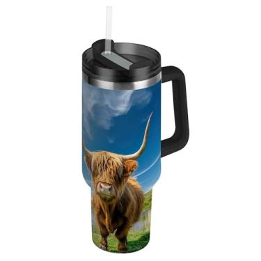 Imagem de SEHANY Copo Highland Cow 1,134 g com tampa e canudo, aço inoxidável de vácuo duplo isolado garrafa de água esportiva suporte para copo de café de viagem à prova de vazamento para bebida gelada