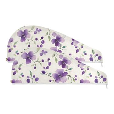 Imagem de SEHANY Toalha de cabelo de microfibra elegante flores roxas para mulheres 2 peças turbantes de cabelo de secagem rápida com botão, touca de cabelo seco absorvente toalha de secagem de cabelo para