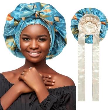 Imagem de Chapéu de cetim chapéu de dormir chapéus de cabelo femininos com alça elástica para cabelo cacheado, Azul