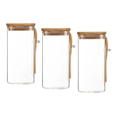 Imagem de Kit 3 Potes Hermético de Vidro com Tampa de Bambu e Colher 1300ml