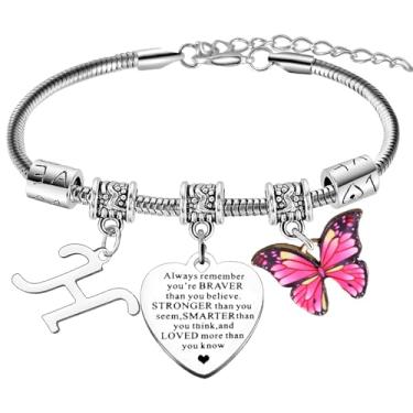 Imagem de Presentes inspiradores para mulheres, letra A-Z, pulseira motivacional com pingente de borboleta, presente de incentivo para filha, neta, irmã, melhor amiga, presentes de aniversário de Natal, One