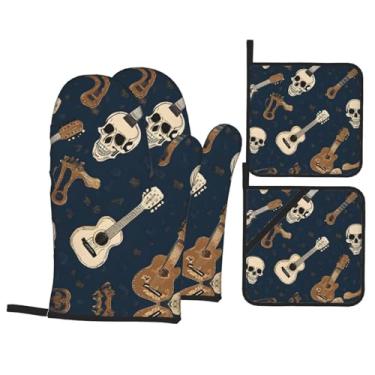 Imagem de Conjunto de luvas de cozinha com estampa de caveira mexicana com suportes de tampa, luvas de forno resistentes ao calor para manusear panelas quentes, grelhar, churrascos, kit de 4 peças.