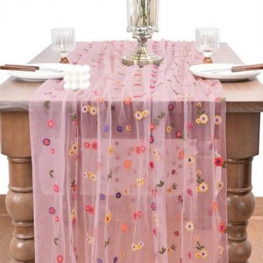 Imagem de CREATCABIN Corredor de mesa bordado margarida outono rosa tule corredor de mesa poliéster flor gaze sazonal outono cozinha decoração toalha de mesa para festas de casamento em casa 3 m x 72 cm