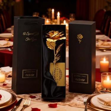 Imagem de Rosa banhada a ouro com certificado, flor rosa dourada eterna simulada, presente romântico para aniversário, dia dos namorados, aniversário, presente criativo (ouro)
