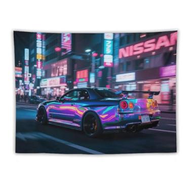 Imagem de HouLaiZhe JDM Tapeçaria de carro Jdm R34 esportes velocidade cidade noite pendurar na parede quarto decoração de casa tapeçarias estética piquenique decoração de parede arte de parede para dormitório
