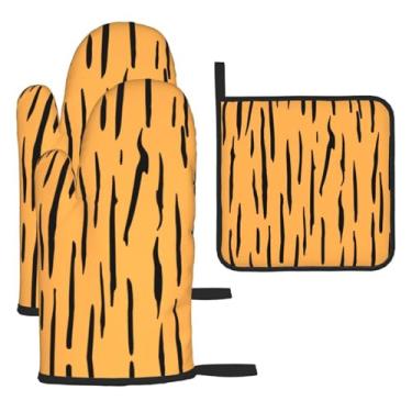 Imagem de Conjunto de cozinha essencial de 3 peças com estampa listrada, luvas resistentes ao calor e alça de tampa, proteção para churrasco no forno, design de armazenamento suspenso.
