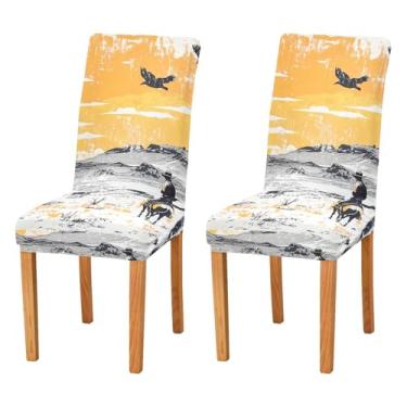 Imagem de xigua Capas de cadeira vintage caubói ocidental, 4 peças, capas elásticas laváveis para cadeira de cozinha, protetor de assento removível para festas de fim de ano, cozinha, hotel, sala de jantar