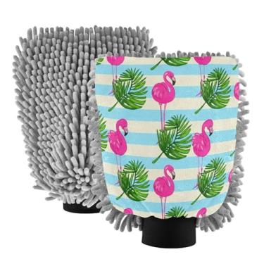 Imagem de STAYTOP Luvas de lavagem de carro flamingos e folhas de palmeira, 2 peças, luvas de microfibra de chenille, sem arranhões, panos de esponja de lavagem ultra absorventes para carros, limpeza doméstica