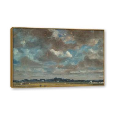 Imagem de Moldura de teca. Arte em tela romantismo estilo constável, (nuvens cinzas), pintura de paisagem inglesa emoldurada, decoração de parede elegante para sala de estar escritório. 50 x 75 cm - 19,7 x 29,6