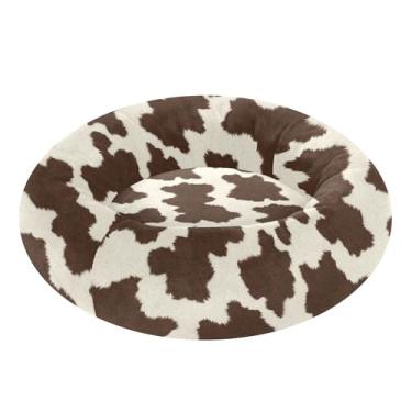 Imagem de SEHANY Cama de cachorro com estampa de vaca marrom, removível e lavável, pequena, redonda, cama de gato fofa, super macia, confortável para animais de estimação com fundo antiderrapante para cães