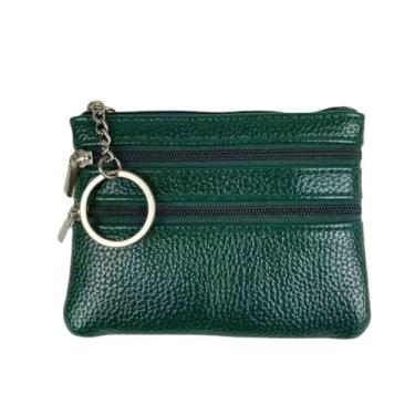 Imagem de Bolsa feminina para moedas - Carteira compacta de bolso, design de zíper duplo com chaveiro, opções de cores vermelha/verde/preta, Verde, Tendência