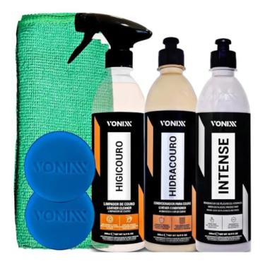Imagem de Vonixx Kit Limpa Couro Automotivo HIGICOURO 500 ML + HIDRACOURO 500 ML + Intense Renova Painel com Pano Microfibra 40x40