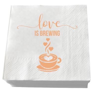 Imagem de XIUHUBA Guardanapos Love is Brewing, pacote com 50 guardanapos de coquetel de ouro branco e rosa para decoração de festa de noivado com tema de café, chá de panela, casamento, noivado, 3 camadas