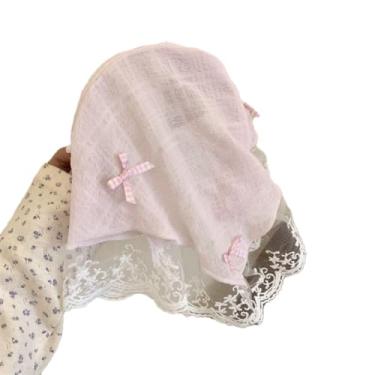 Imagem de JEBELE Bandana feminina de renda, cachecol triângulo guingão vintage com laço, estilo retrô francês para roupas boho chique e casual (4 - renda rosa, tamanho único)