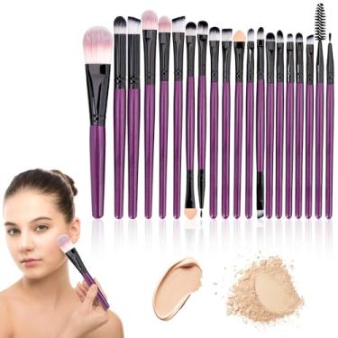 Imagem de Conjunto de pincéis de maquiagem 20 peças profissionais para o rosto e olhos base para sombra, contorno de pó, kit Kabuki para uso em viagem (roxo)