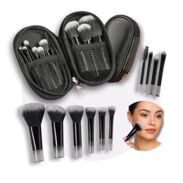 Imagem de Kit 10 Mini Pincéis de Maquiagem com Estojo Cerdas Sintéticas Macias, Portátil e Completo para Base, Pó, Blush, Corretivo e Sombras – Para Viagem Travel Size Ideal para Presente, Uso Diário e Adolescentes (Preto)