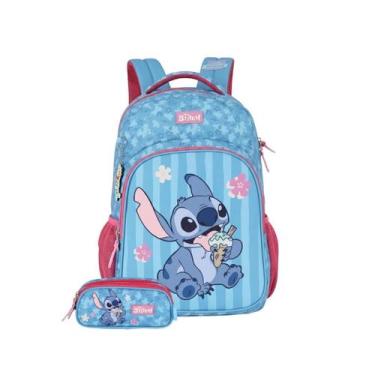 Imagem de Kit Mochila Stitch Costas E Estojo Triplo Meninas Escolar - Stitch - L