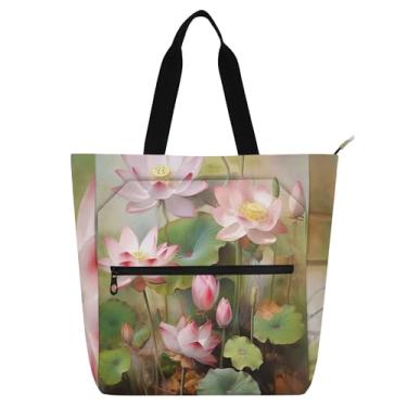 Imagem de GAIGEO Sacolas de trabalho femininas com estampa de flores de lírio de água, bolsa de lona para livros de praia, zíper infantil, presente para amantes de livros