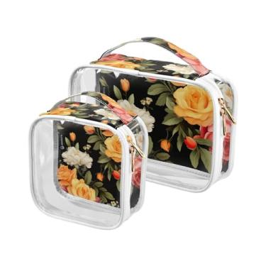 Imagem de GAIGEO Conjunto de bolsas de cosméticos florais rosa e folhas em preto transparente, bolsa de higiene pessoal aprovada pela Tsa, bolsa de higiene feminina, pacote com 2, Flor colorida de rosas laranja