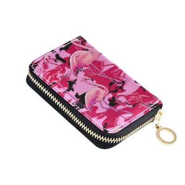 Imagem de Carteira feminina de couro com bloqueio de RFID, porta-cartões de crédito, zíper ao redor, carteira para dinheiro e bolso para moedas, lindo animal flamingos rosa