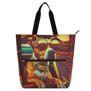 Imagem de GAIGEO Sunset Cool Pup Dog Print Book Tote Bag para crianças e mulheres bolsa escolar com zíper grande bolsa de trabalho de lona