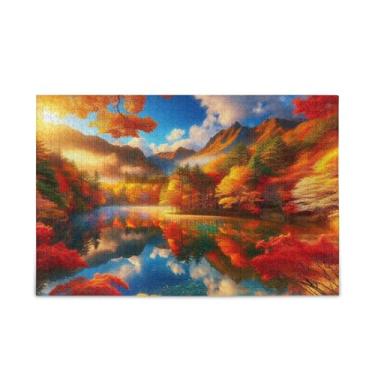 Imagem de Quebra-cabeça de 500 peças com vista para o lago e floresta de outono, quebra-cabeças compostos de papel e madeira para adultos com bolsa de armazenamento