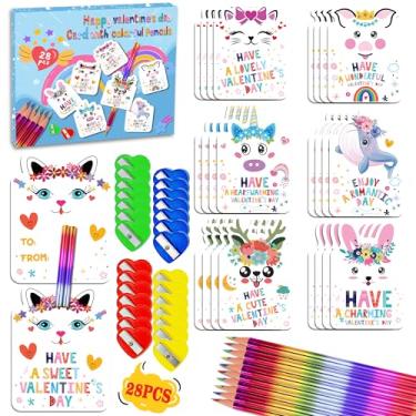 Imagem de Cartões comemorativos de dia dos namorados com lápis arco-íris para sala de aula infantil, 28 lápis arco-íris com lindos cartões de troca de animais, lembrancinhas de festa dos namorados para a escola