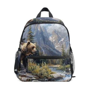 Imagem de Grizzly Bear Mountains Landscape Child Backpack, 10x4x12 In, Backpack for Girls Includes Water Bottle Pockets, Whistle Clip for Safety