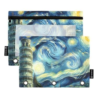Imagem de GAIGEO Bolsa para lápis Tower Starry Night Pencil Pouch com 3 anéis, fichário com zíper, bolsos transparentes para meninas, escola, bolsos com zíper 25 x 18 cm, 2 pacotes