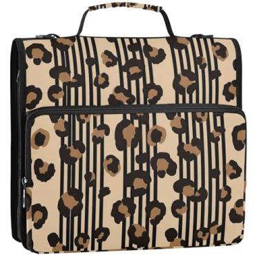 Imagem de Organizador básico de fichário com zíper, 3 fichários de 3,8 cm, anel de leopardo, marrom, preto, bege, portfólio, comporta 500 folhas, bolsa escolar com alça de ombro, 34,5 x 31,5 x 9 cm