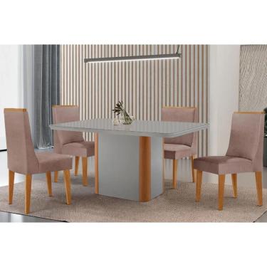Imagem de Sala Jantar Mesa Pietá Tampo c/ Vidro Curvo 120cm+4 Cadeiras Dakota Madeira Naturale/Off White - Capuccino/Suede Marrom - Rufato
