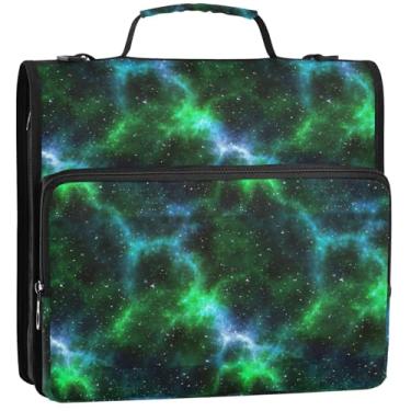 Imagem de Cosmic Nebula Organizador de fichário verde com zíper, 3 argolas, 3 argolas, bolsa resistente para o ensino médio com alça de armazenamento, pasta de portfólio com alça, 34,5 x 31,5 x 9 cm
