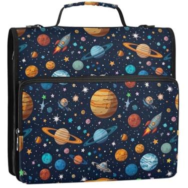 Imagem de Organizador de fichário grande com zíper de 3 cm, 3 argolas, portfólio de planetas do espaço sideral, comporta 500 folhas, bolsa escolar com alça de ombro, 34,5 x 31,5 x 9 cm