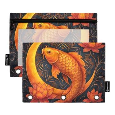 Imagem de GAIGEO Pasta feminina com 3 anéis, bolsa para lápis, caneta, zíper, fichário escolar, bolsos transparentes, laranja, koi, peixe, lua, floral, 25 x 18 cm, 2 pacotes