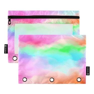Imagem de Pasta de lápis com 3 anéis abstrata colorida nuvem arco-íris caneta lápis pasta fichário com zíper animal impressão escolar bolsos transparentes personalizados 25 cm x 18 cm, 2 pacotes