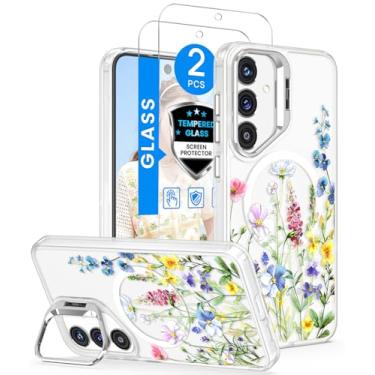 Imagem de Dretal Capa magnética para Samsung Galaxy A17 5G floral, suporte de lente embutido, 2 protetores de tela, capas magnéticas translúcidas foscas, à prova de choque, para mulheres e meninas, estampa de