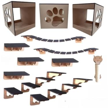 Imagem de Playground Para Gatos 17 Peças MDF 6mm Montado Com Ponte Prateleira Nicho Arranhador Acessorios Para Gatos