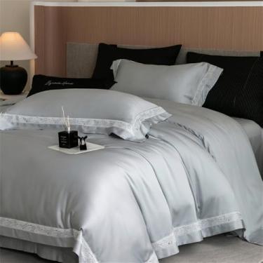 Imagem de Conjunto de cama de verão macio, sedoso e refrescante, com capa de edredom de borda larga, lençol de cima/com elástico e fronhas (4 peças), cor 2, lençol de baixo com elástico de 1,5 m.