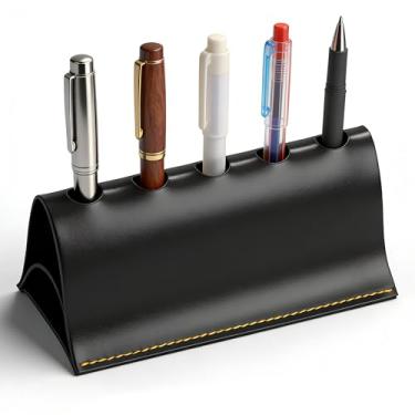 Imagem de ReignSword Suporte de caneta para mesa, suporte de lápis de couro vegano com 5 compartimentos, organizador de canetas portátil para escritório (preto)